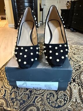 Ann Taylor Black Pearl-Studded Pointed-Toe Pumps